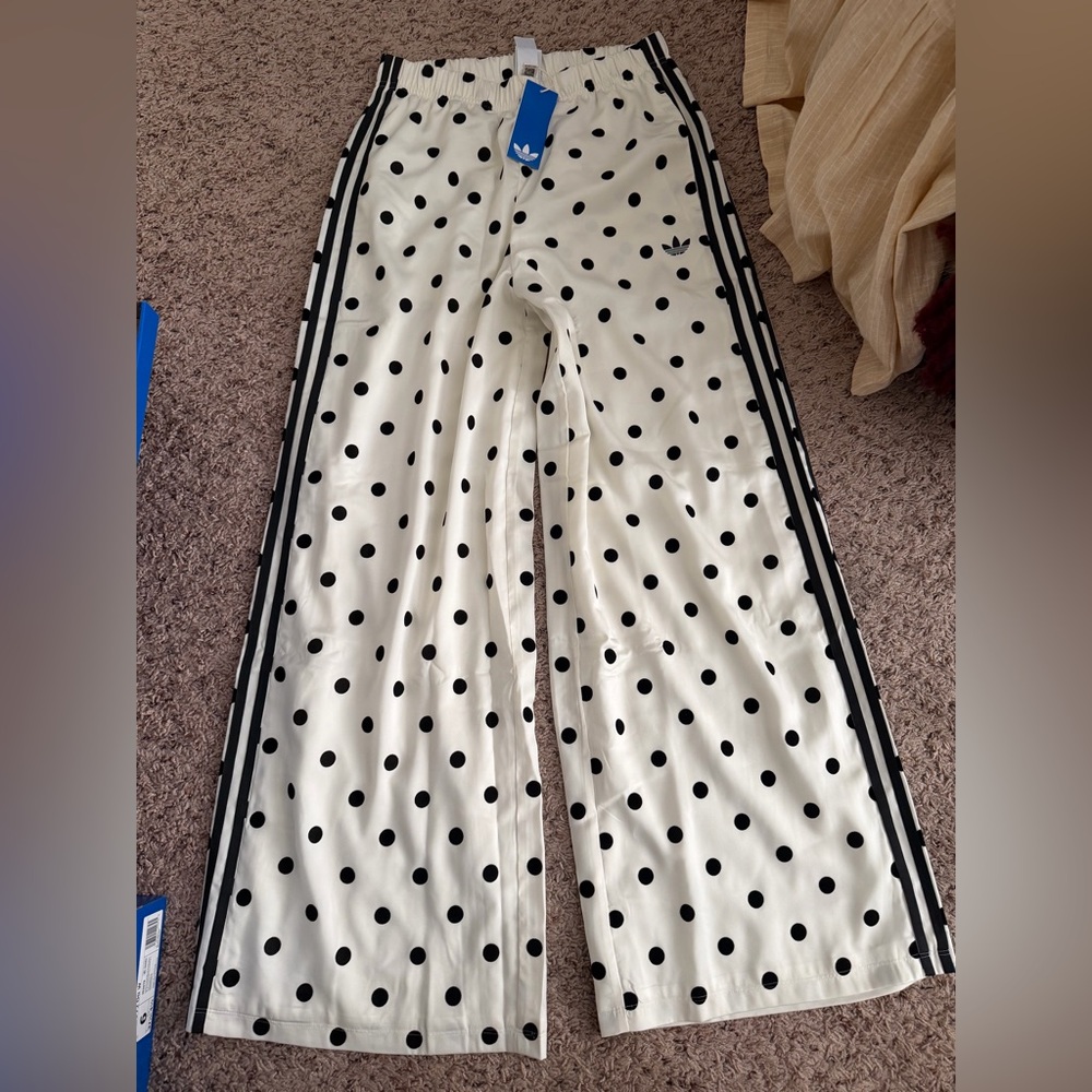 NWT adidas White Polka Dot Track Pants with Black Three-Stripes
